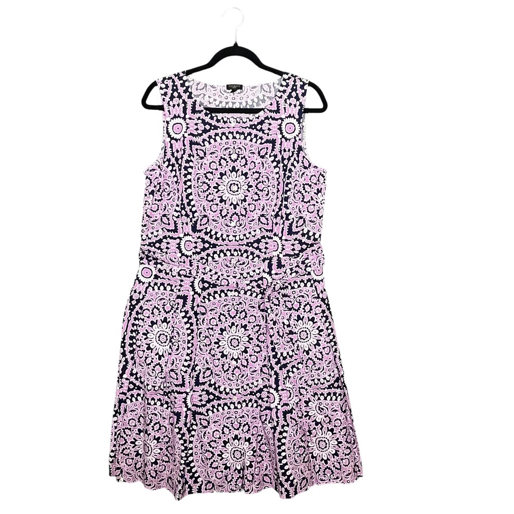 Talbots Pink Navy Medallion Cotton Button Front Fit Flare Dress 14Petite Pockets